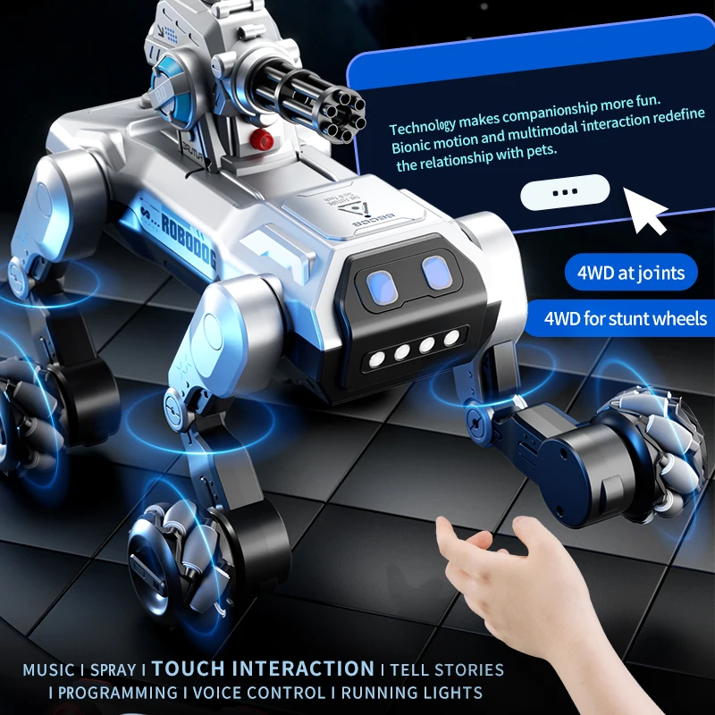 Coding Robot Toy - หุ่นยนต์สุนัขอัจฉริยะ 8WD, ควบคุมด้วยเสียงและการสัมผัส, โปรแกรมการทำงานได้, ปืนฉีดน้ำ, ดนตรีและสเปรย์ละอองน้ำ,