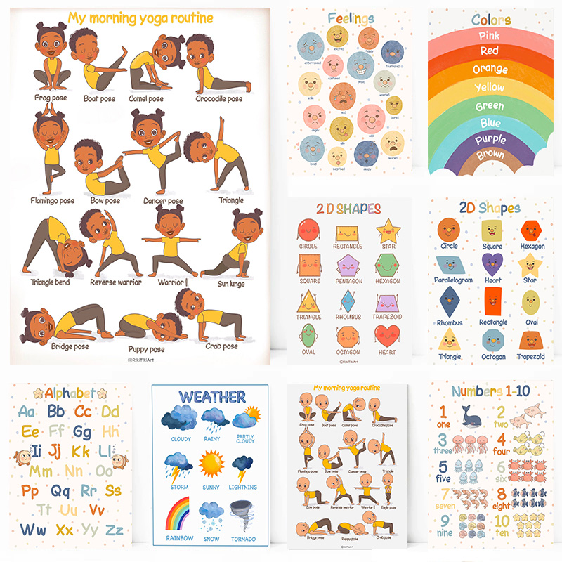 Kids Yoga Education - (ภาพวาดบนผืนผ้าใบ 2 มิติ) โปสเตอร์ภาพพิมพ์ศิลปะติดผนังสำหรับเด็ก แนวการศึกษาแบบมอนเตสซอรี่ โยคะ