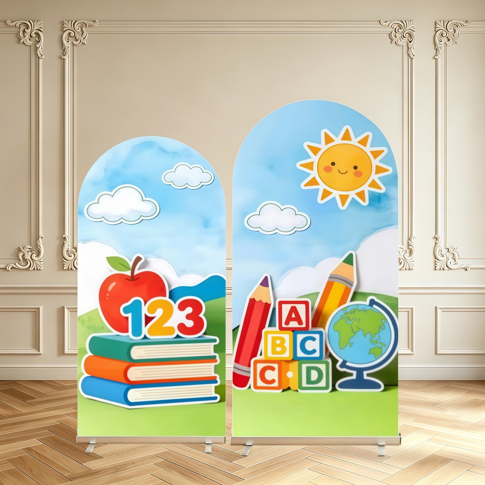 Background For Kids Education - ฉากหลังตกแต่งธีมเปิดเทอม ลายโค้ง พร้อมภาพแอปเปิล หนังสือ ตัวเลข ตัวอักษร